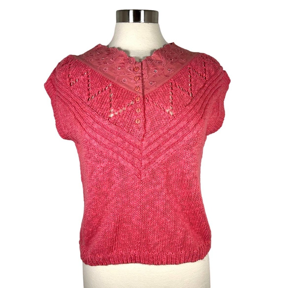 NEW! Together Women's Henley Embroidered Eyelet Sweater M Pink Crochet